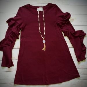 Burgundy ruffle sleeve dress